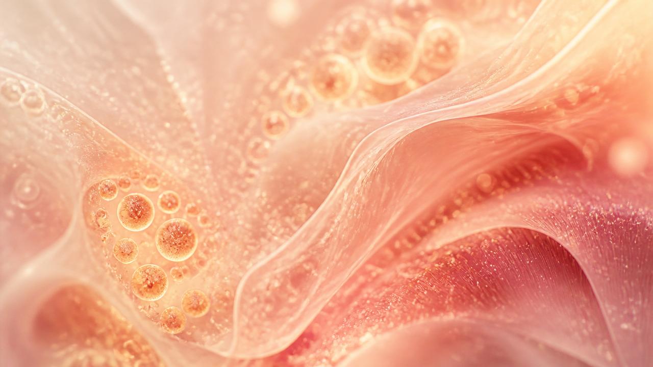 Abstract macro visual of cellular renewal in warm blush tones, representing growth factor regeneration